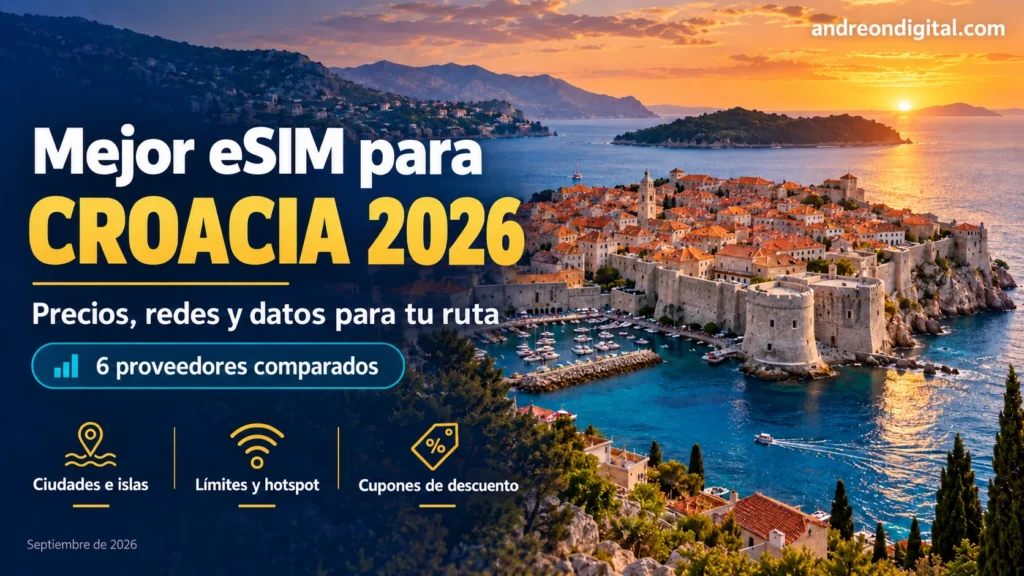 Mejor eSIM para Croacia 2026: seis proveedores, precios, redes y datos para ciudades e islas, con Dubrovnik al atardecer