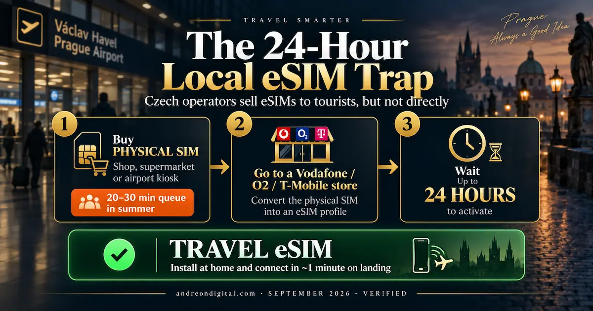 Czech Republic local eSIM 2026 process showing physical SIM purchase, in-store conversion and up to 24-hour activation wait