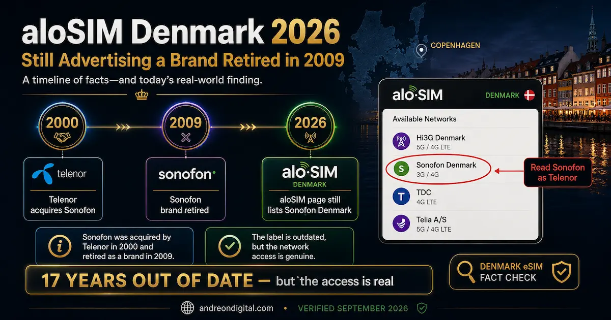 aloSIM Denmark 2026 showing Sonofon Denmark still listed as a network, although the Sonofon brand was retired in 2009 and now refers to Telenor