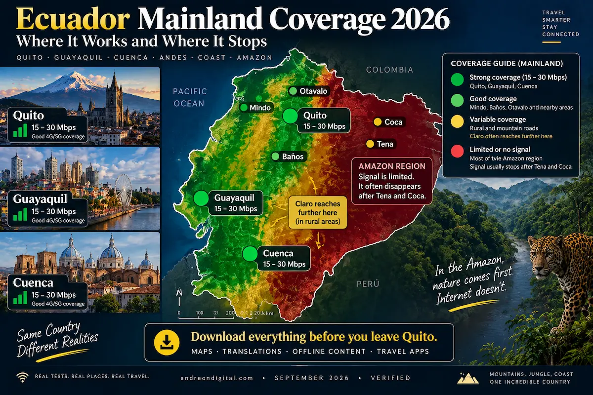 ecuador coverage 2026 quito guayaquil cuenca 15 30 mbps mindo banos otavalo amazon tena coca signal disappears