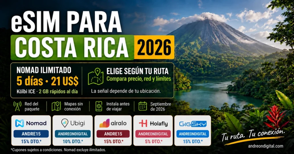 eSIM para Costa Rica 2026 con Nomad ilimitado de cinco días por 21 US$, Kölbi ICE y cupones de cinco proveedores.