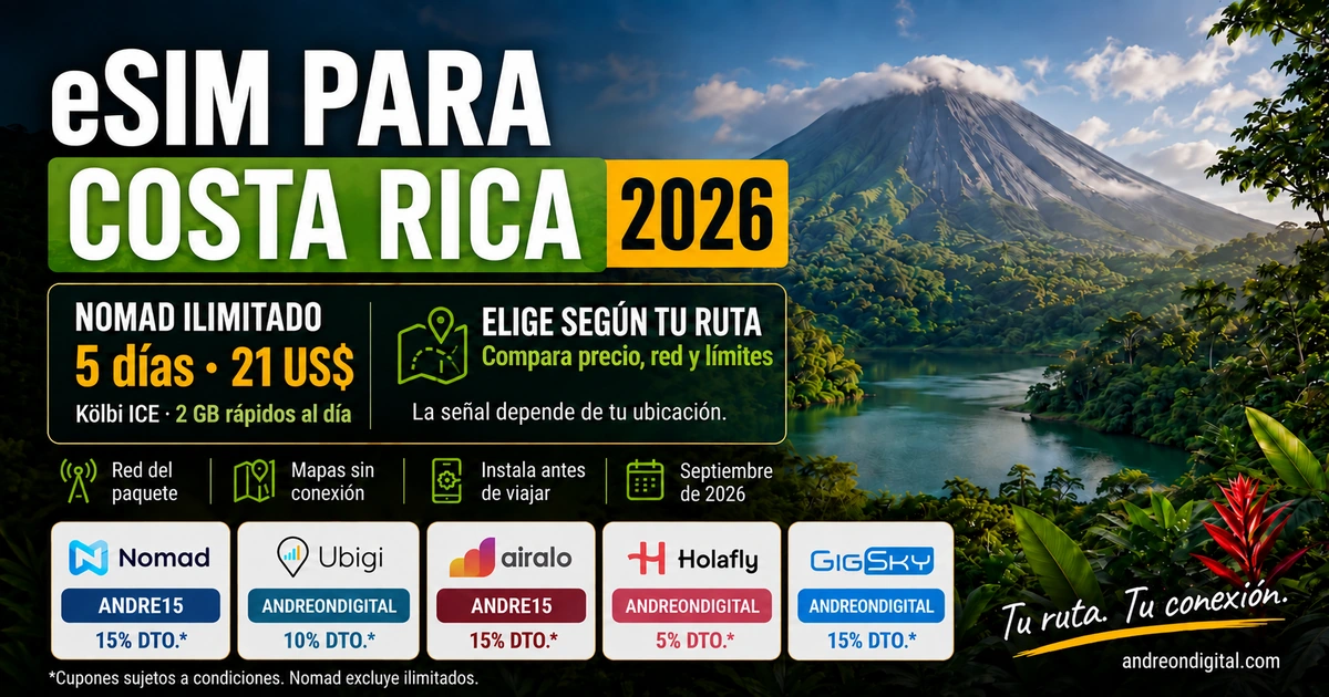 eSIM para Costa Rica 2026 con Nomad ilimitado de cinco días por 21 US$, Kölbi ICE y cupones de cinco proveedores.
