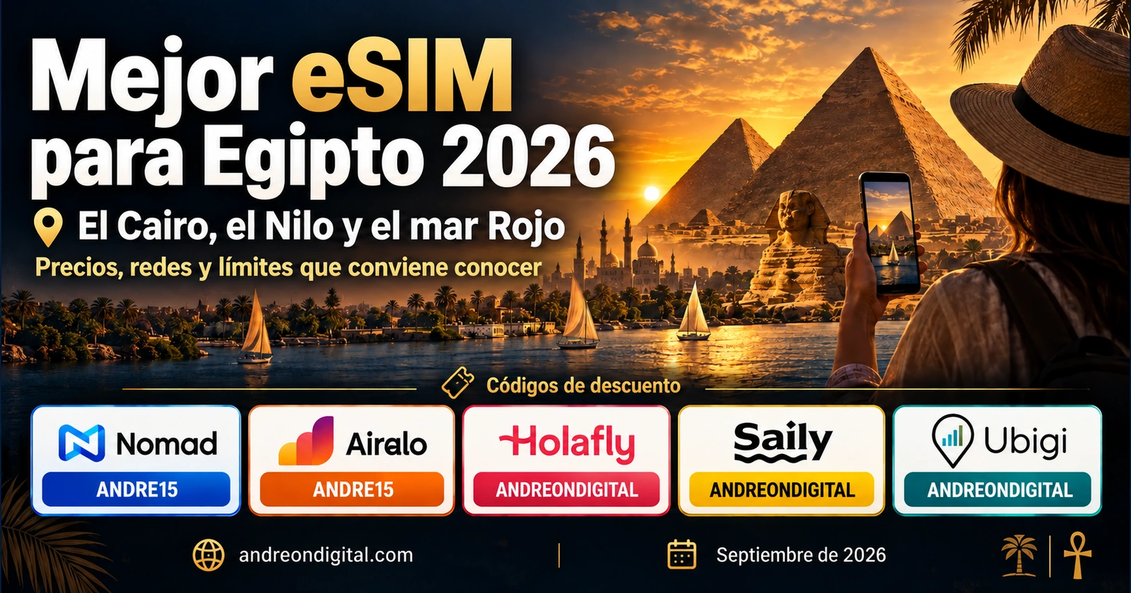 Guía de eSIM para Egipto con cinco proveedores y sus cupones de descuento.
