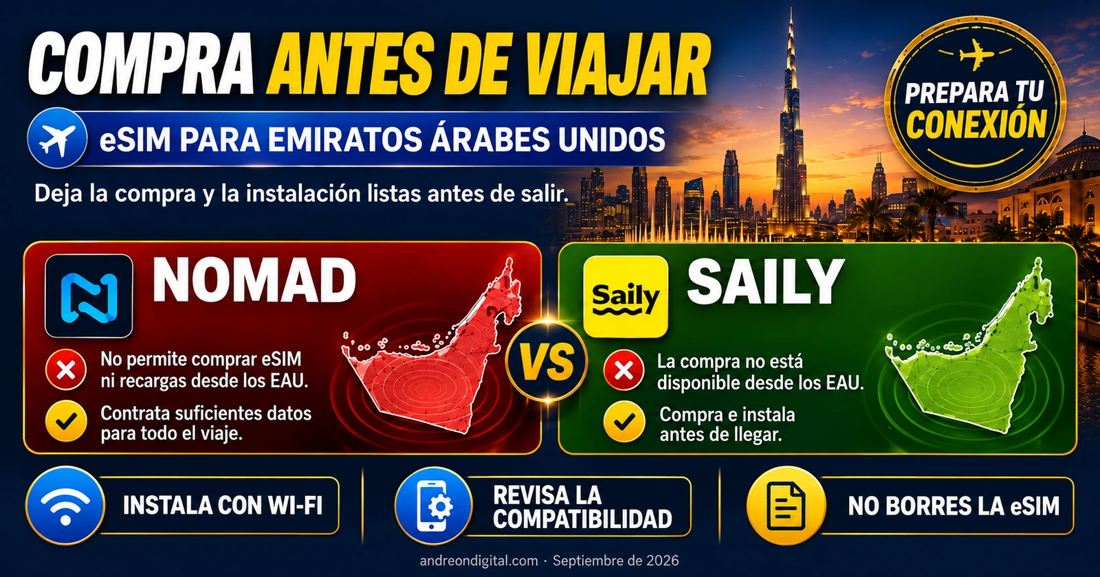 eSIM para Dubái: compra e instalación antes de viajar Preparativos de compra e instalación de una eSIM antes de viajar a Emiratos Árabes Unidos.