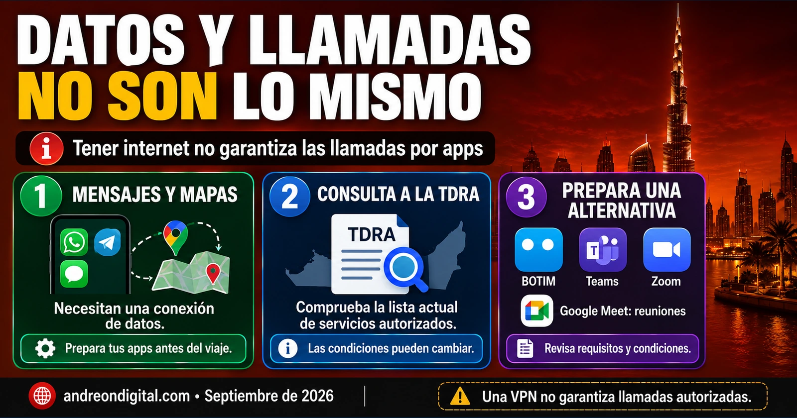 Llamadas por internet en Emiratos Árabes Unidos Guía en español sobre aplicaciones de llamadas y restricciones de VoIP en Emiratos Árabes Unidos.