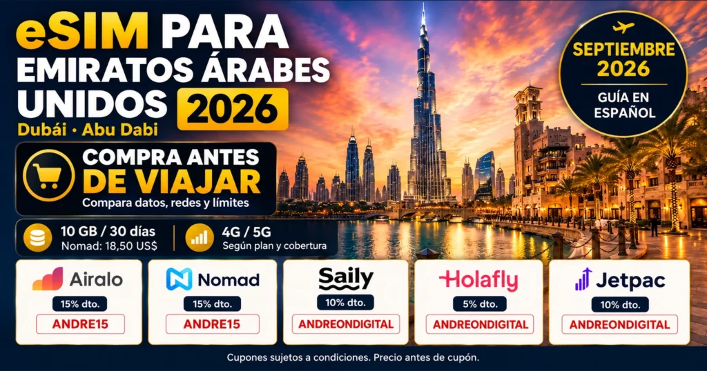 Guía de eSIM para Emiratos Árabes Unidos con el horizonte de Dubái y Airalo, Saily, Nomad, Jetpac y Holafly.