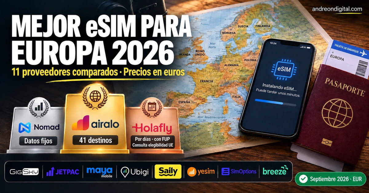 eSIM para Europa: cobertura, datos fijos y planes por días Comparación visual de Airalo, Nomad y Holafly para Europa, junto a otros ocho proveedores y una mesa de planificación de viaje.