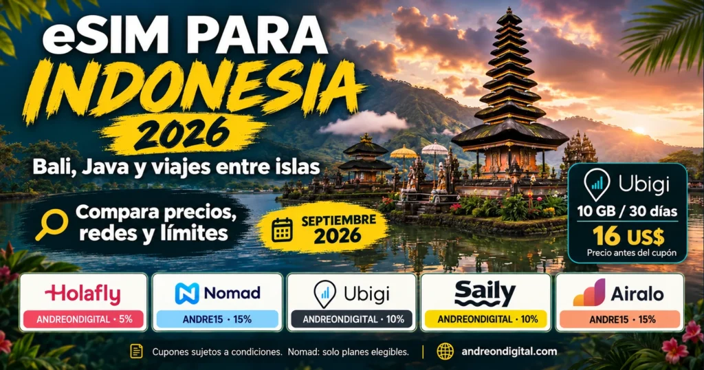 Guía en español de eSIM para Indonesia con un templo balinés y cinco proveedores comparados.