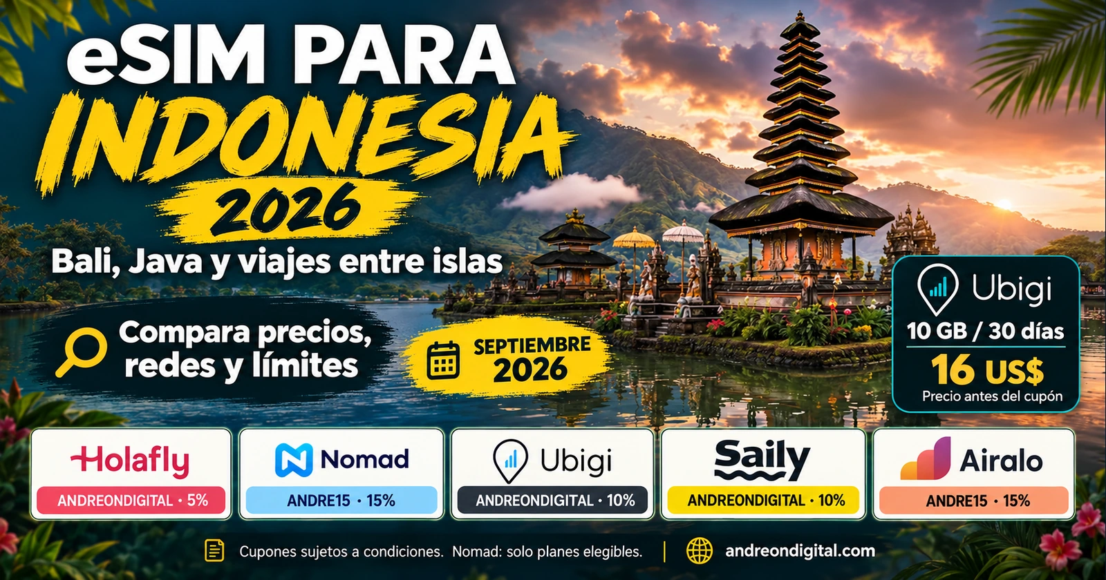 Guía en español de eSIM para Indonesia con un templo balinés y cinco proveedores comparados.