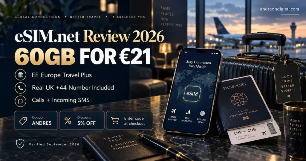 eSIM.net Review 2026 image showing EE Europe Travel Plus 60GB for €21, real UK +44 number, calls and incoming SMS, plus ANDRE5 coupon for 5% off