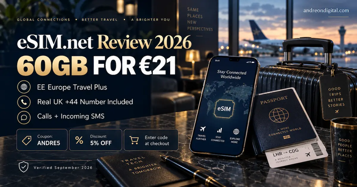 eSIM.net Review 2026 image showing EE Europe Travel Plus 60GB for €21, real UK +44 number, calls and incoming SMS, plus ANDRE5 coupon for 5% off