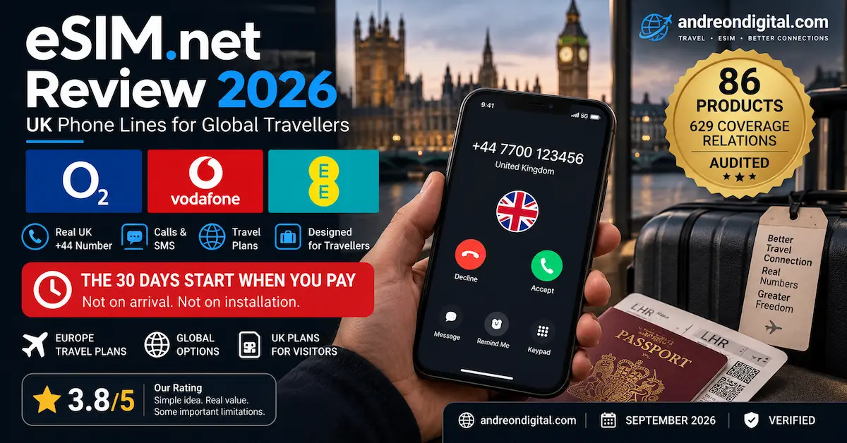 eSIM.net Review 2026 comparison of O2, Vodafone and EE travel plans with a real UK +44 number, calls and SMS, showing 30-day validity starts on purchase