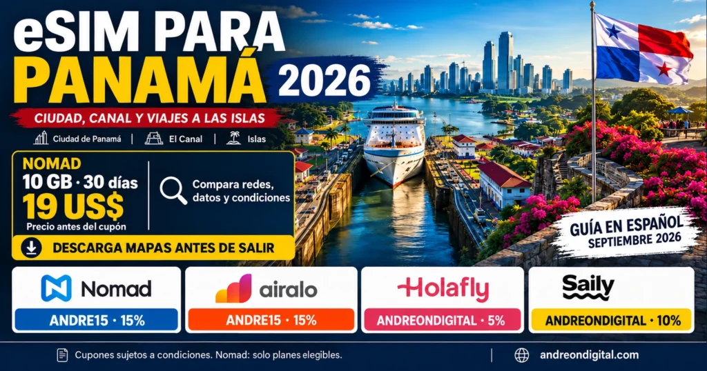 Guía visual en español de eSIM para Panamá con cuatro proveedores y cupones de descuento.