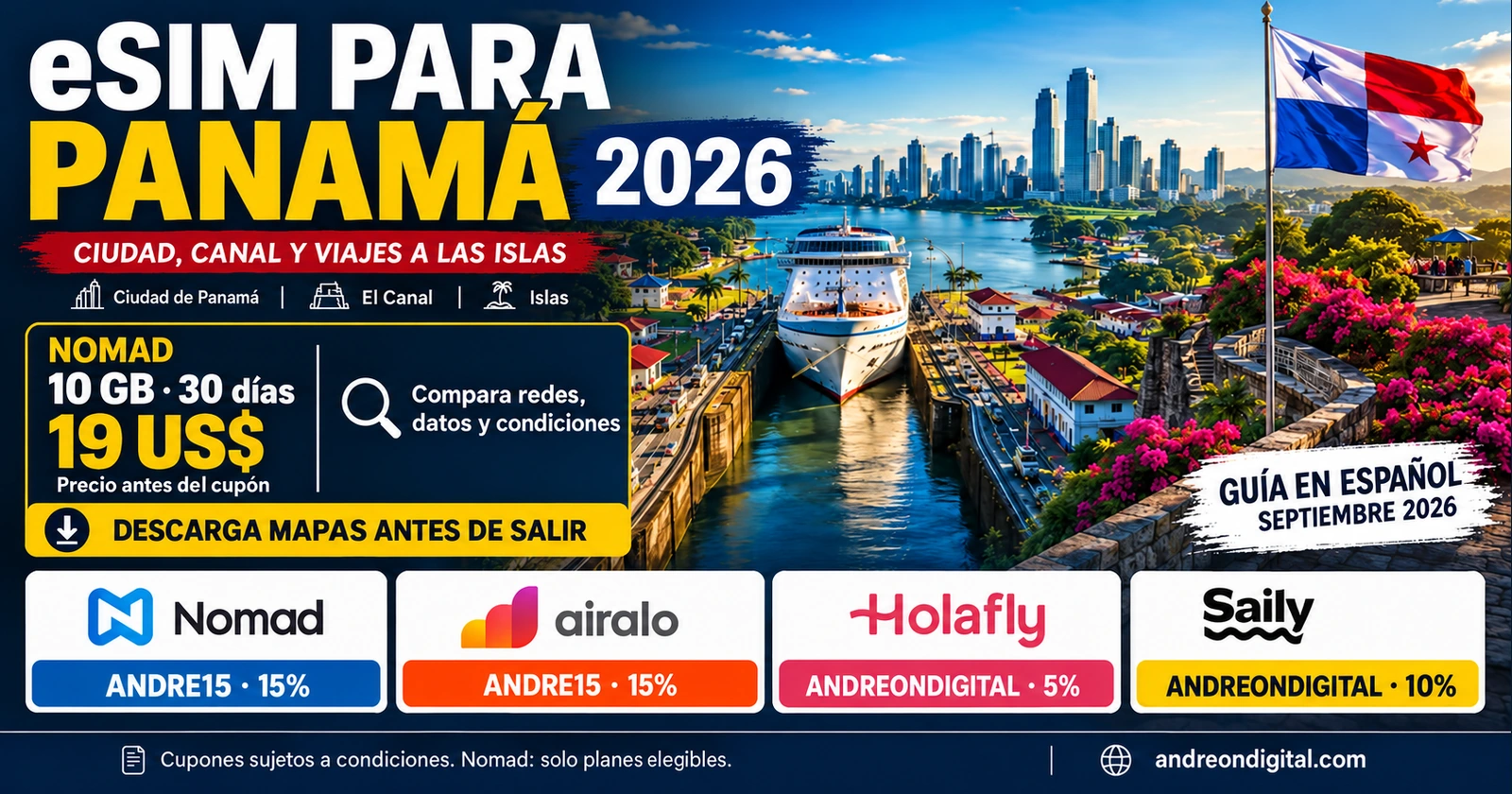 Guía visual en español de eSIM para Panamá con cuatro proveedores y cupones de descuento.