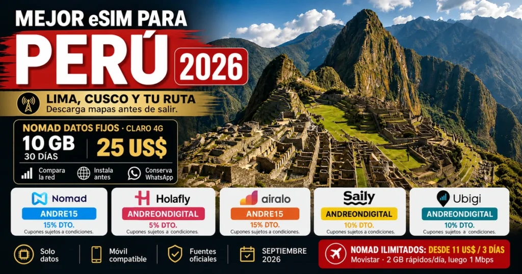 eSIM para Perú con Machu Picchu, plan Nomad de 10 GB por 25 US$ y cupones de cinco proveedores.