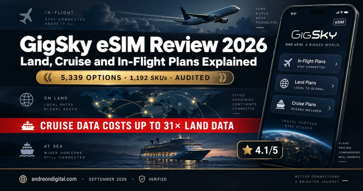 GigSky eSIM Review 2026 comparing land, cruise and in-flight plans, with 5,339 options audited and cruise data costing up to 31 times more than land data