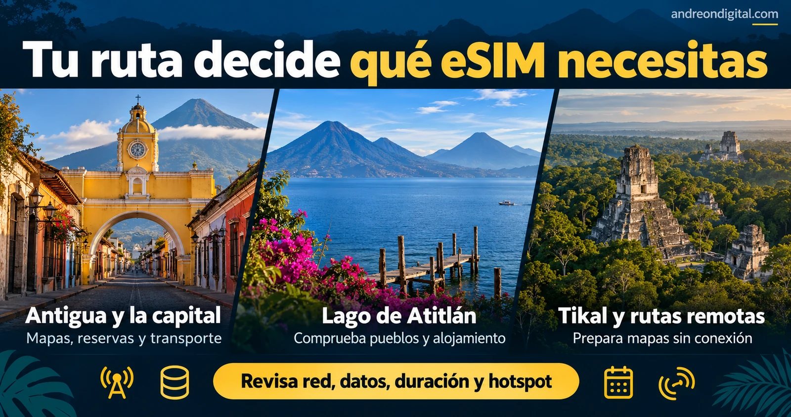 Cómo elegir una eSIM según la ruta por Antigua, Atitlán y Tikal