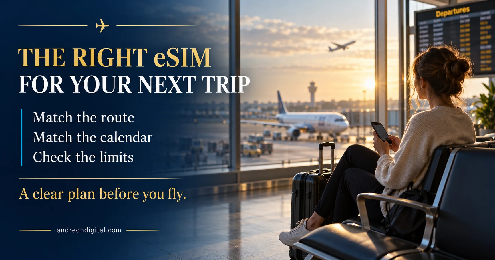 Traveler at an airport beside three eSIM purchase checks: match the route, match the calendar and check the limits
