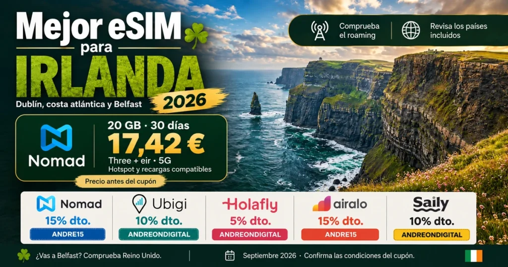 eSIM para Irlanda 2026 con Nomad de 20 GB por 17,42 €, cinco proveedores y cupones