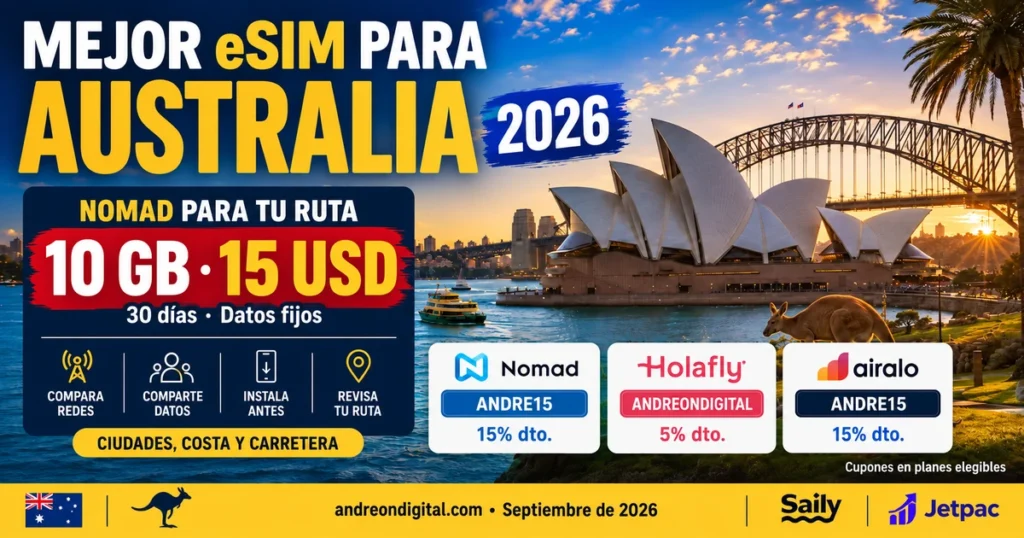 Mejor eSIM para Australia 2026 con Nomad de 10 GB durante 30 días por 15 USD y cupones de descuento.