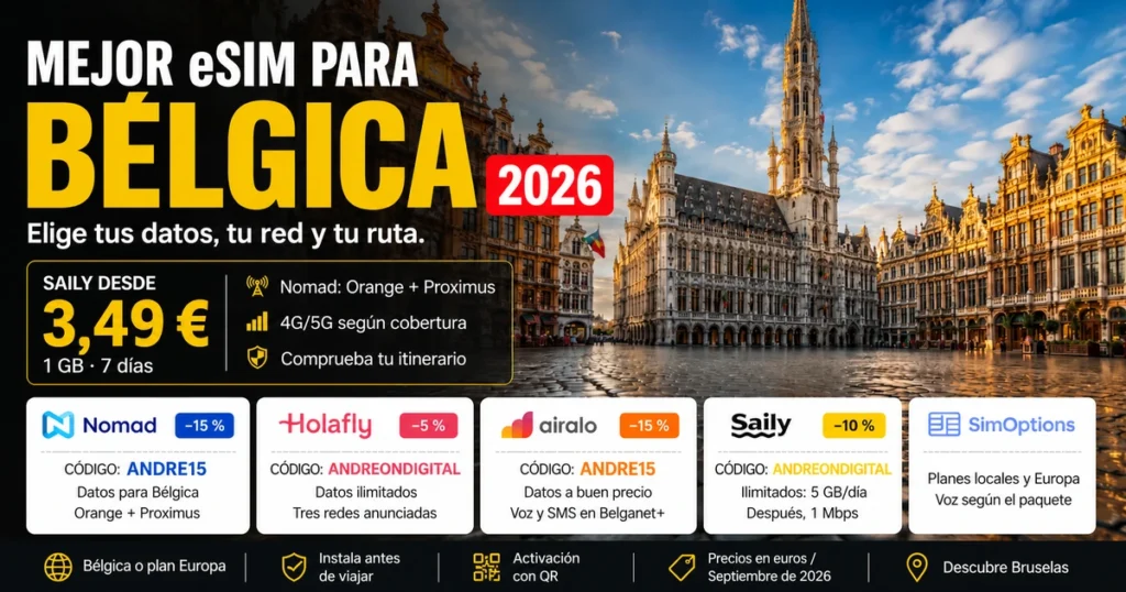Grand-Place de Bruselas y cinco proveedores de eSIM para Bélgica, con precio inicial de Saily y cupones de Nomad, Holafly, Airalo y Saily.