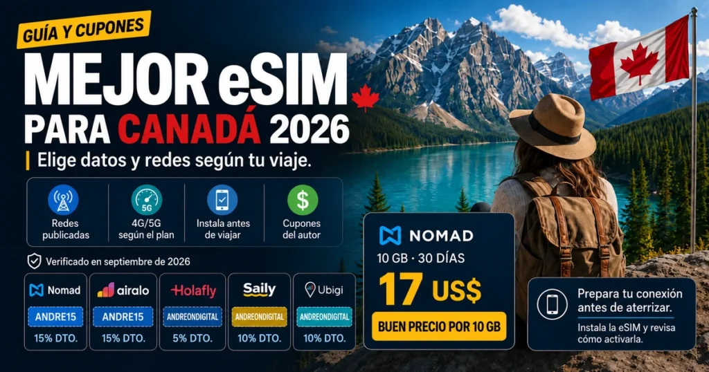 Viajera frente a un lago de las Rocosas con la bandera de Canadá y cupones de Nomad, Airalo, Holafly, Saily y Ubigi