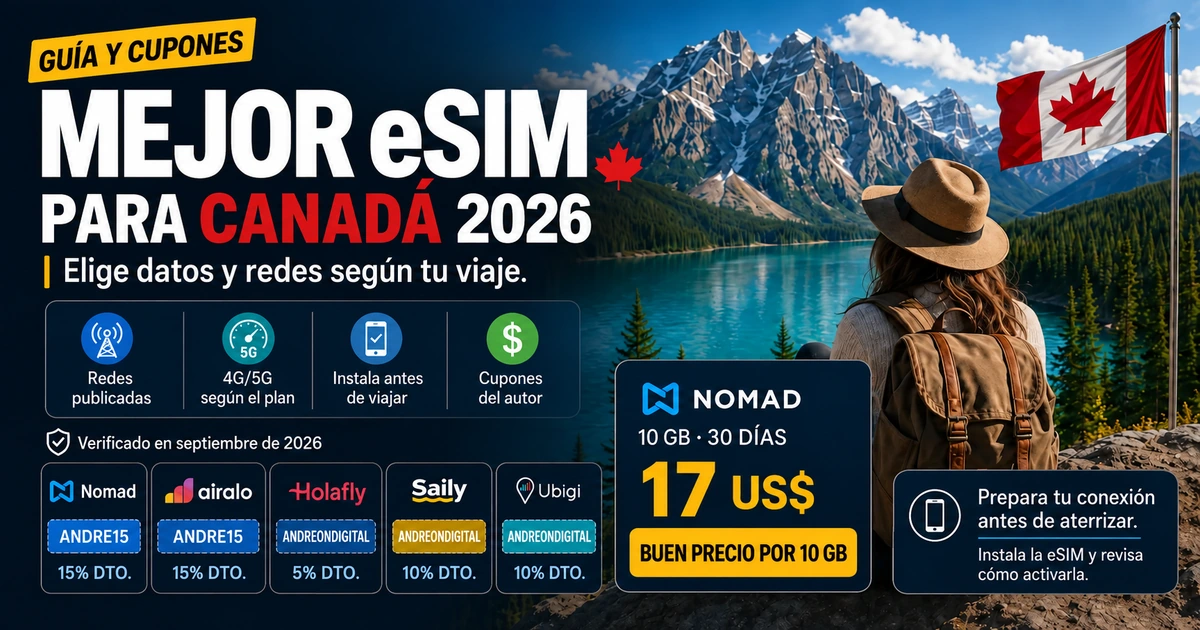 Viajera frente a un lago de las Rocosas con la bandera de Canadá y cupones de Nomad, Airalo, Holafly, Saily y Ubigi