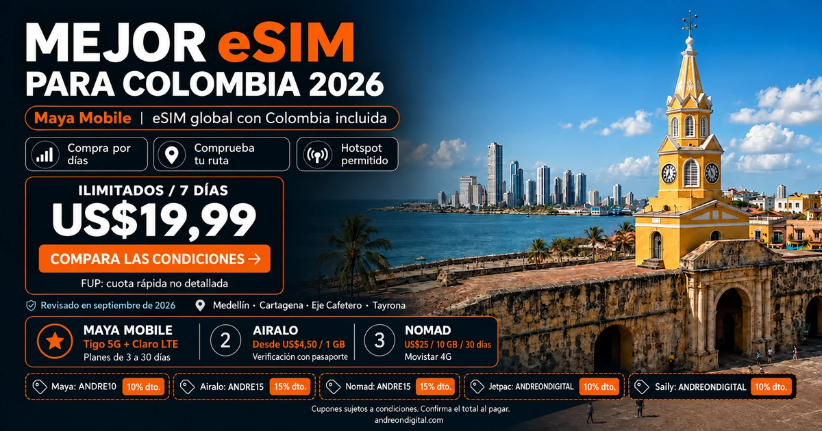 Guía de eSIM para Colombia con Cartagena, Maya desde 19,99 US$ por siete días y comparación de Airalo y Nomad