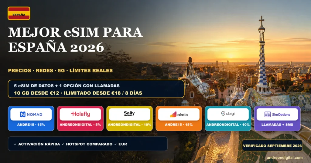 Mejor eSIM para España 2026 con precios en euros, redes 5G y cupones de Nomad, Holafly, Saily, Airalo, Ubigi y SimOptions