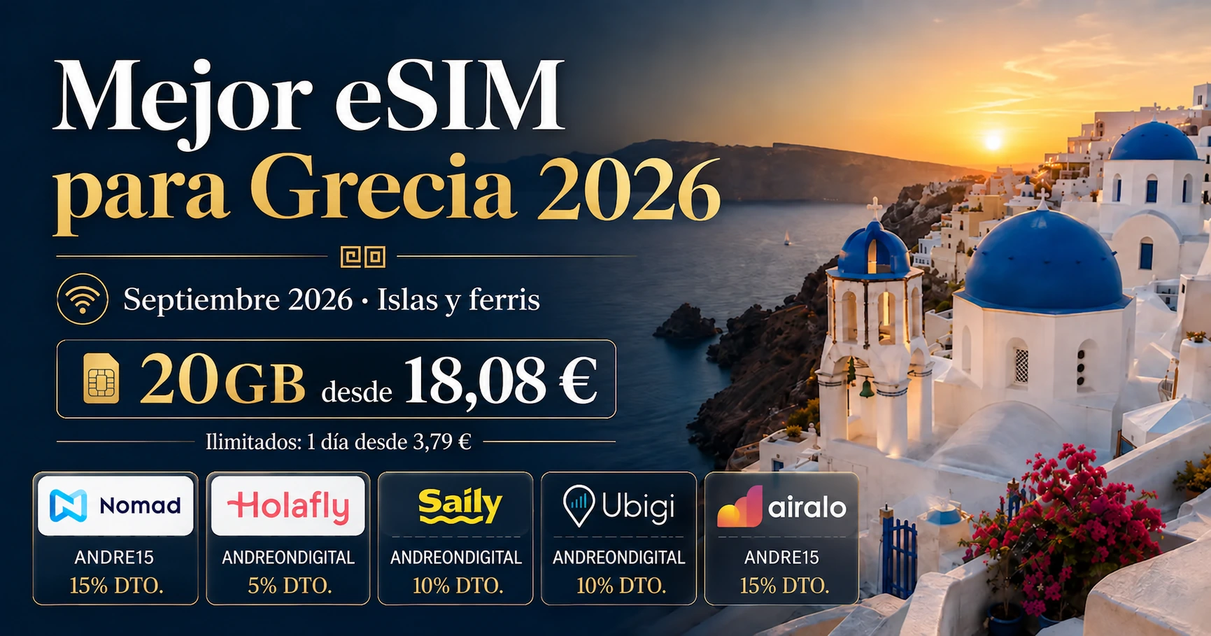Portada de la guía de eSIM para Grecia con Santorini al atardecer y cinco proveedores comparados.