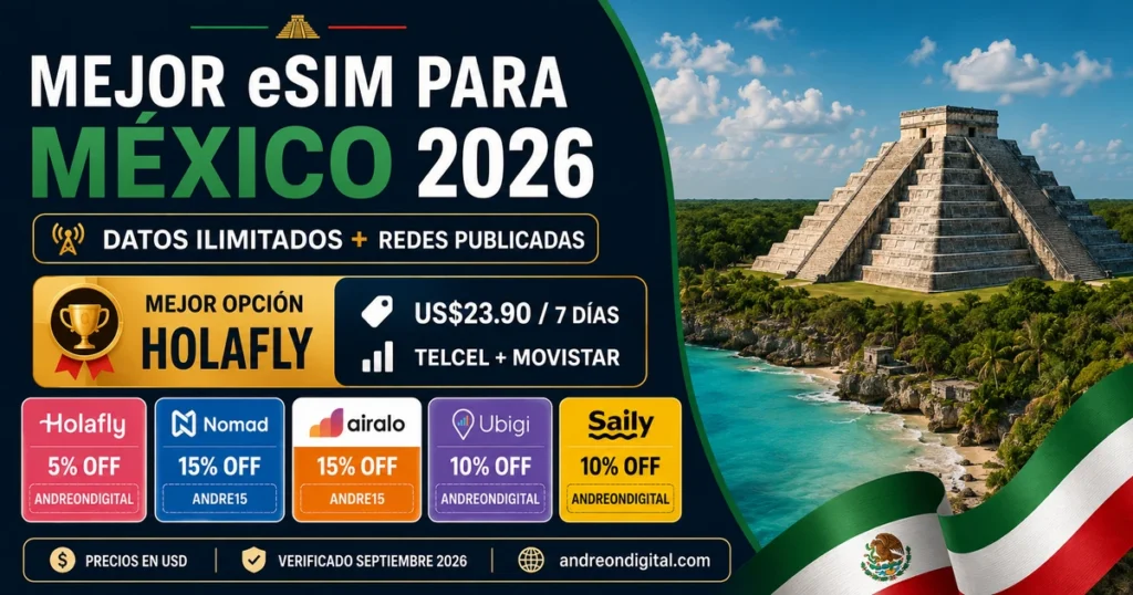 Mejor eSIM para México 2026 con Holafly, Nomad, Airalo, Ubigi y Saily, precios, redes y cupones