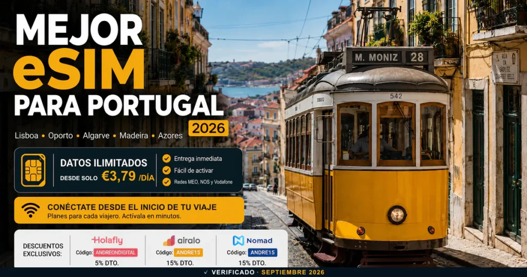 Mejor eSIM para Portugal 2026 con Holafly, Airalo y Nomad ante un tranvía de Lisboa, precios en euros y cupones