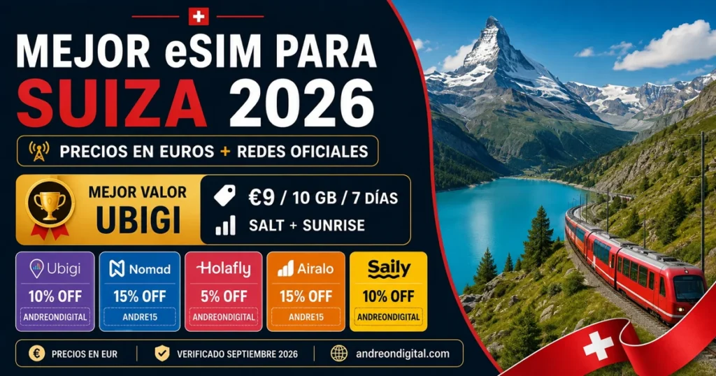 Mejor eSIM para Suiza 2026 con Ubigi, Nomad, Holafly, Airalo y Saily, precios en euros, redes y cupones