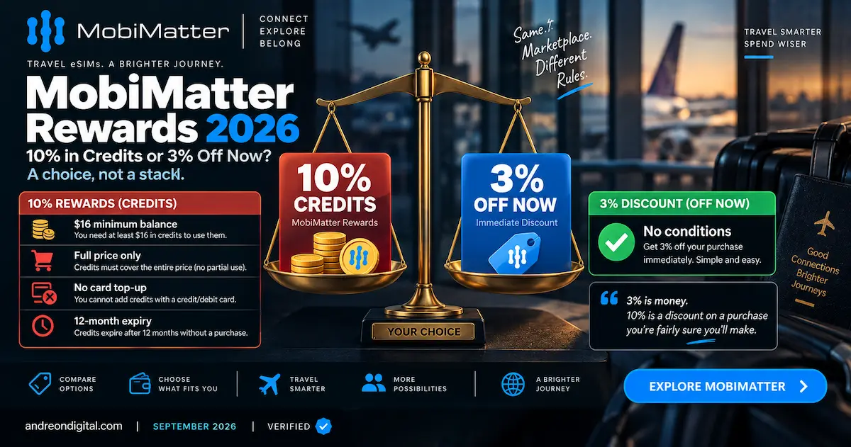 mobimatter 2026 rewards 10 percent cashback credits versus 3 percent immediate discount 16 dollar minimum expiry
