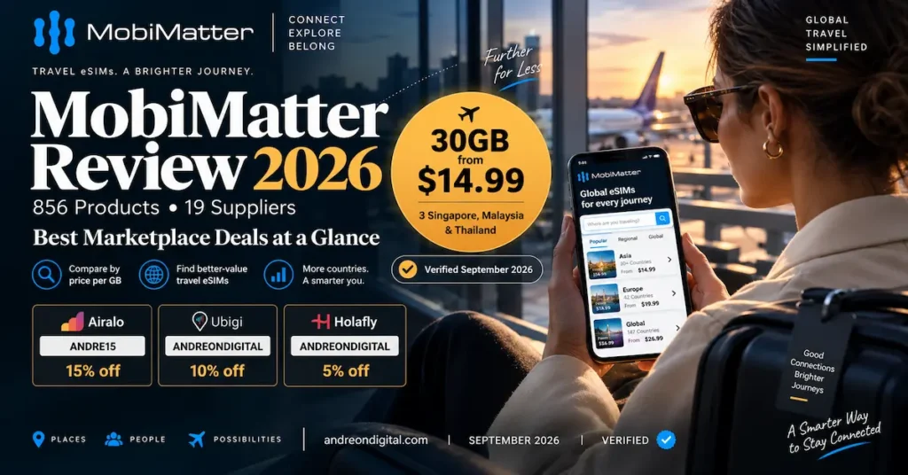 MobiMatter Review 2026 featured image showing a traveler at an airport using the MobiMatter app, a 30GB for $14.99 travel eSIM offer, 856 products from 19 suppliers, and discount cards for Airalo, Ubigi, and Holafly.