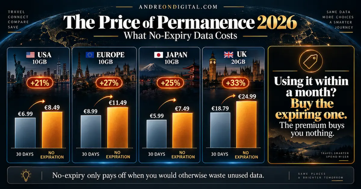 No expiry eSIM 2026 price comparison showing BNESIM 30-day versus no-expiration plans with premiums from 21% to 33% across USA, Europe, Japan and UK
