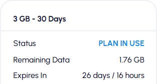 Captura auténtica del panel de Nomad en inglés: plan de Bélgica de 3 GB con 1,76 GB restantes