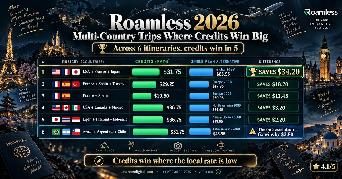 roamless 2026 multi country usa france japan credits 31.75 global plan 65.95 saves 34 dollars europe turkey latin america