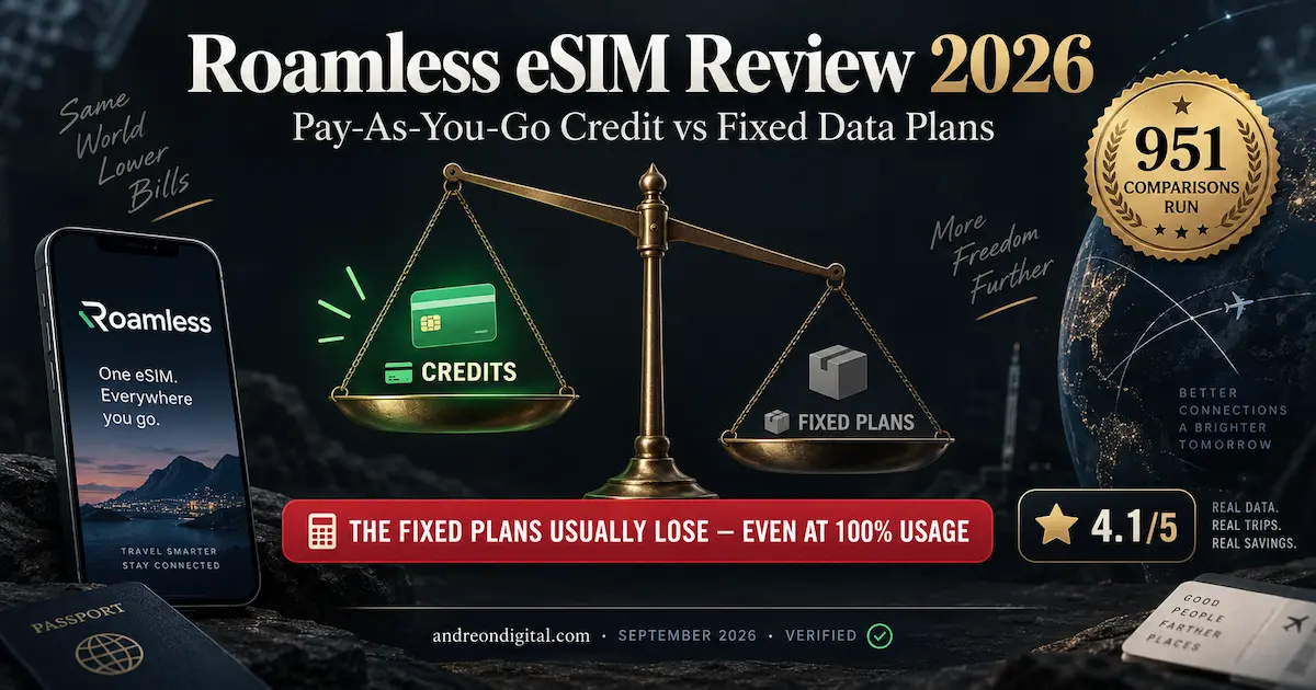 roamless esim review 2026 pay as you go flex credits versus fix fixed data plans price comparison break even