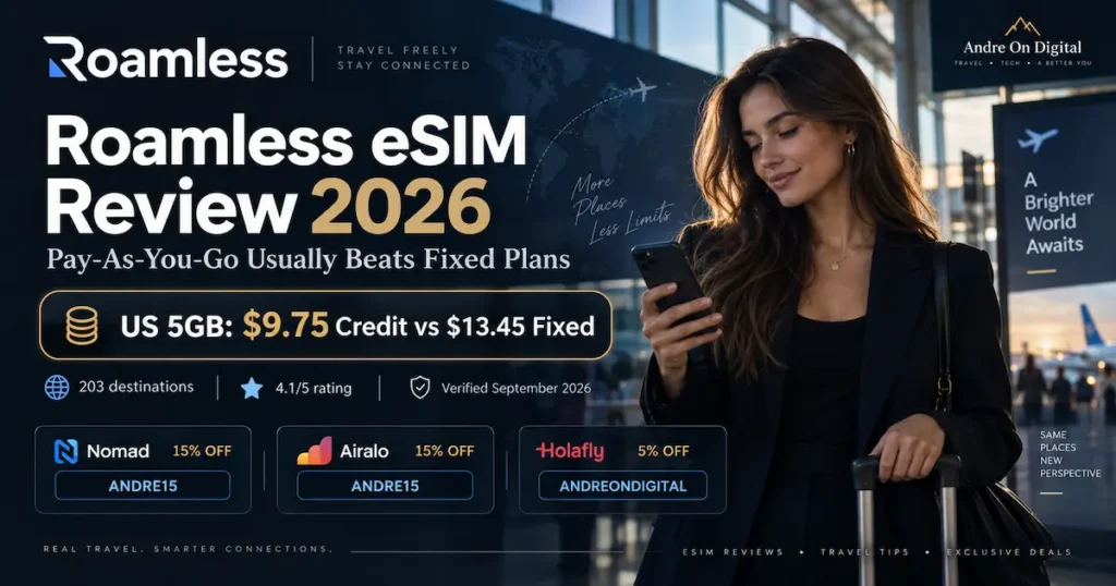 Roamless eSIM Review 2026 showing pay as you go credit vs fixed plan comparison, with US 5GB at $9.75 credit vs $13.45 fixed, 203 destinations, 4.1/5 rating, and Nomad, Airalo, and Holafly discount codes.
