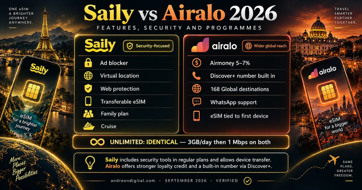 saily vs airalo 2026 security features ad blocker virtual location device transfer airmoney loyalty ultra subscription