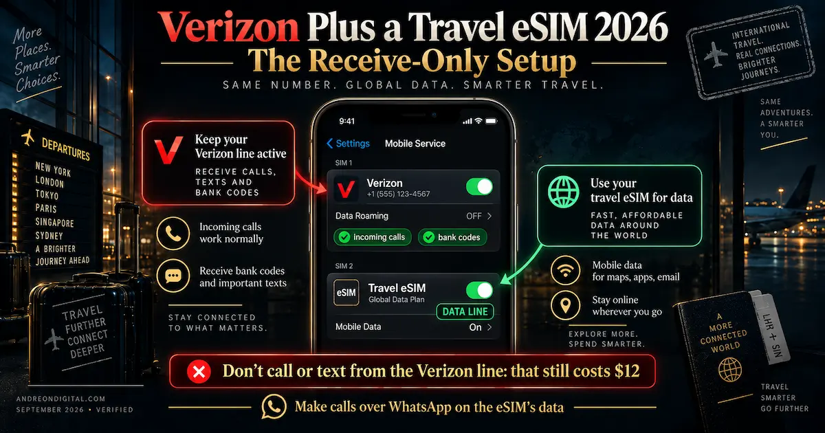 Verizon plus travel eSIM 2026 dual SIM setup with Verizon Data Roaming off for incoming calls and bank codes while the travel eSIM handles mobile data.