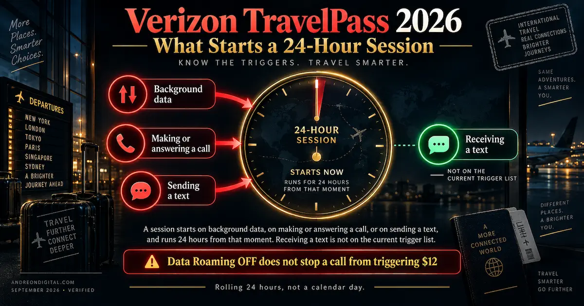 Verizon TravelPass 2026 showing what starts a 24-hour session: background data, making or answering a call, and sending a text, while receiving a text is not on the current trigger list.