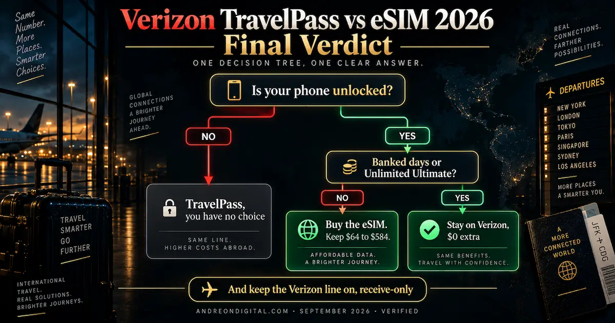 Verizon TravelPass vs eSIM 2026 final verdict decision tree showing locked phone, banked TravelPass days, Unlimited Ultimate, and when to buy a travel eSIM.