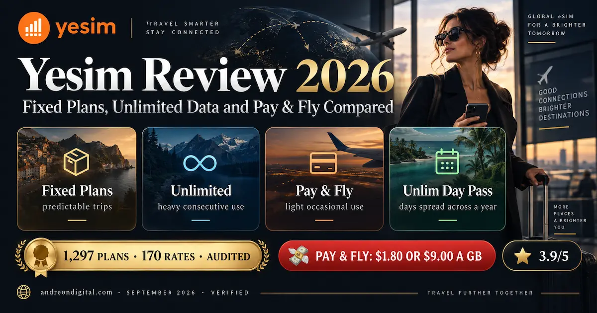 Yesim Review 2026 comparing fixed plans, unlimited data, Pay & Fly and Unlim Day Pass with 1,297 plans and 170 rates audited