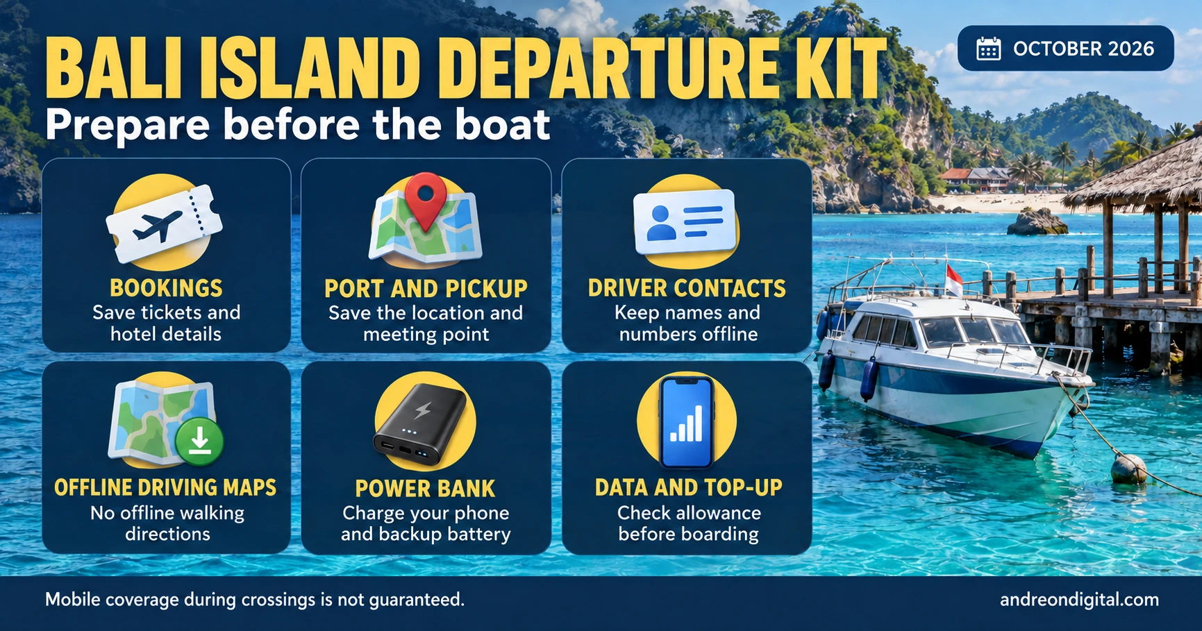 Bali island departure checklist with bookings, contacts, offline maps, power and data