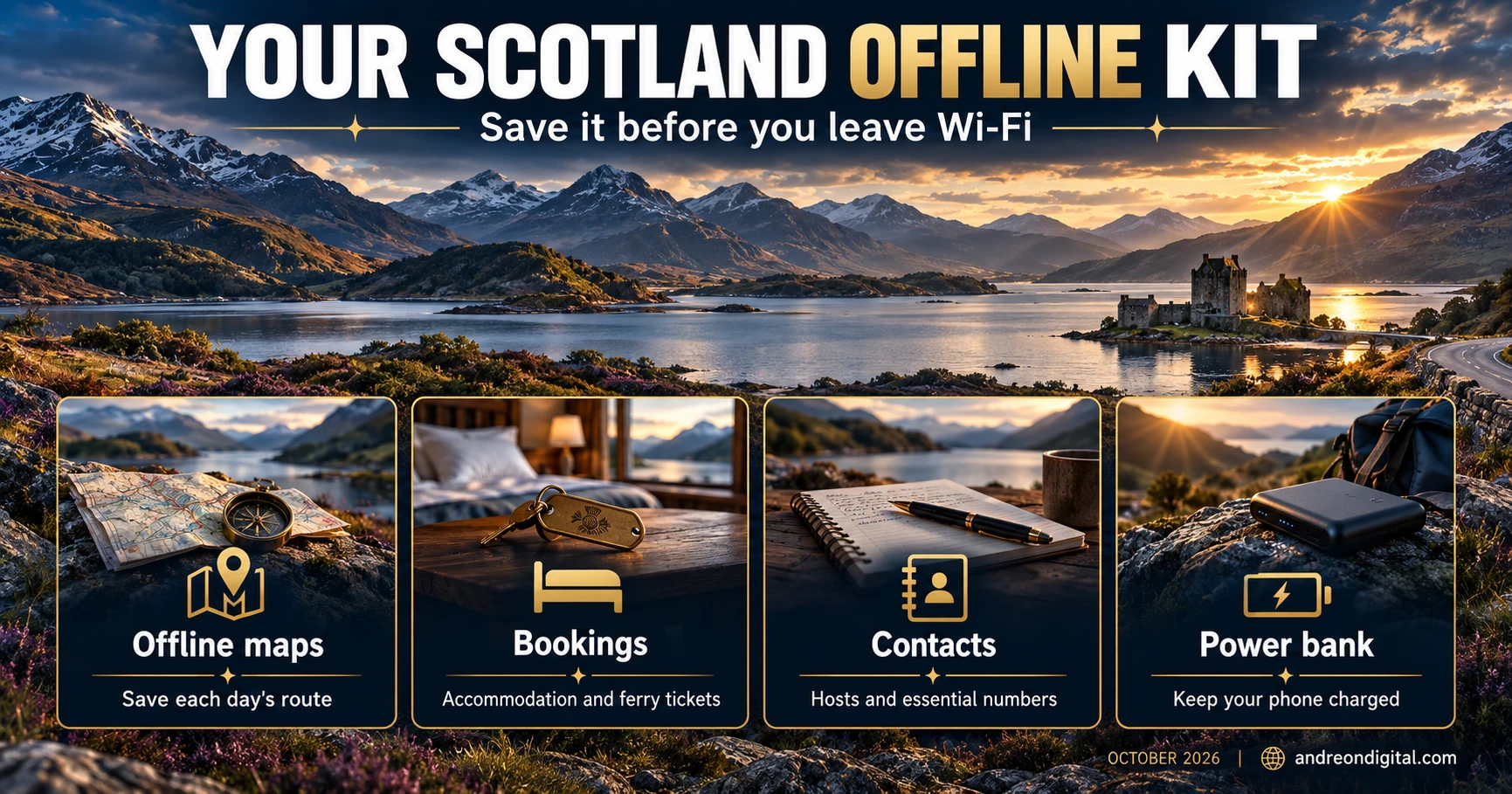 Scotland road-trip offline kit with maps, bookings, contacts and a power bank