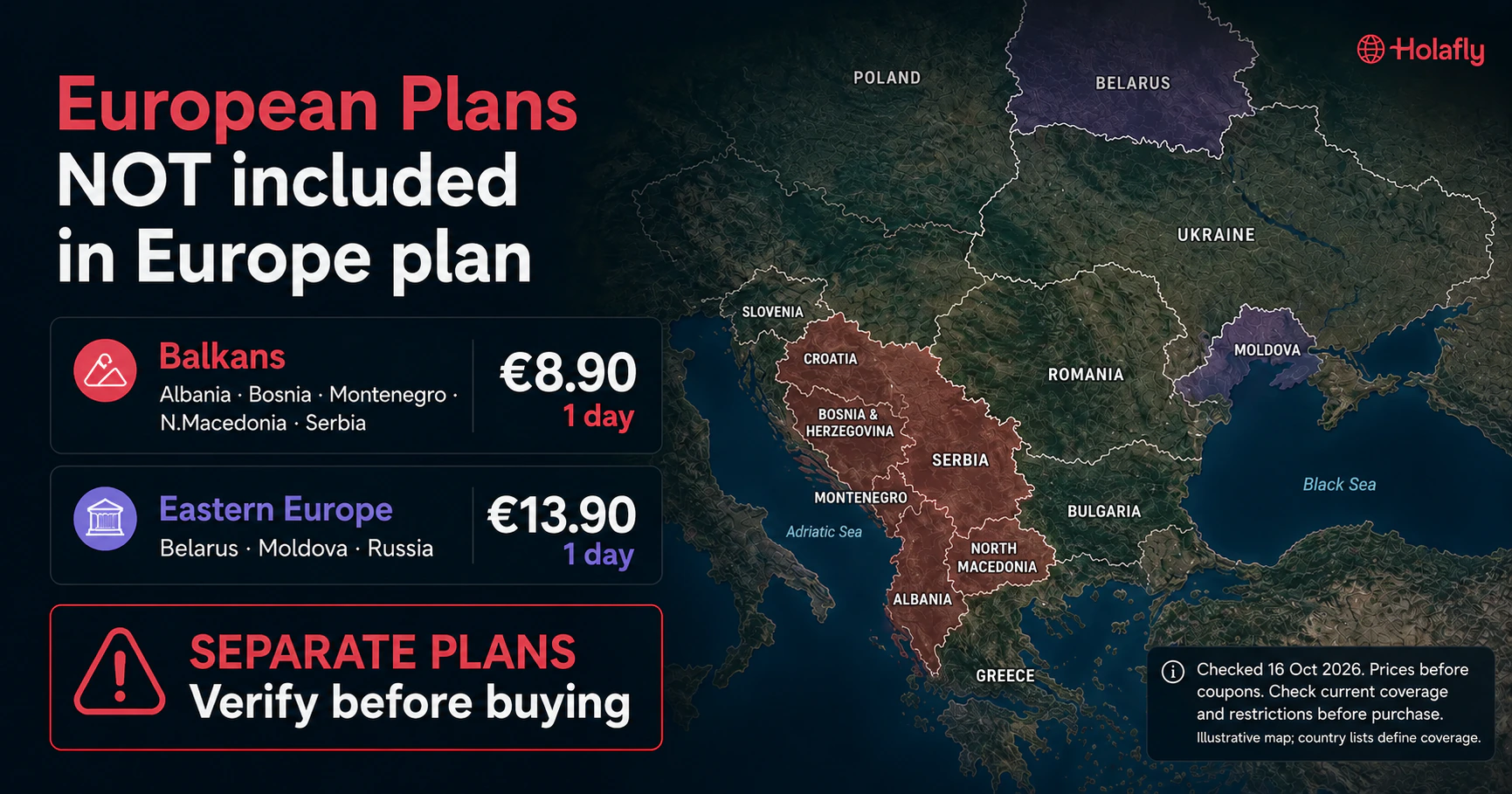Holafly Balkans and Eastern Europe Plans 2026 Holafly separate Balkans and Eastern Europe plans with current country lists and one-day prices.