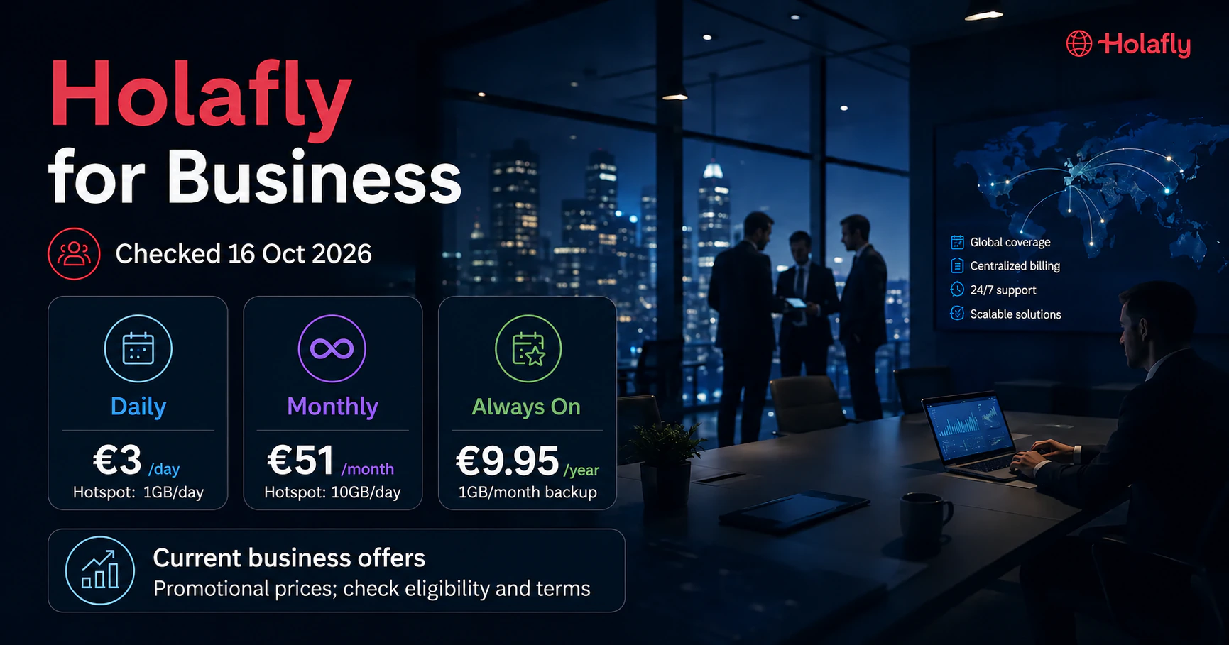 Holafly for Business eSIM Plans 2026 Holafly corporate Daily, Monthly and Always On offers checked 16 October 2026.