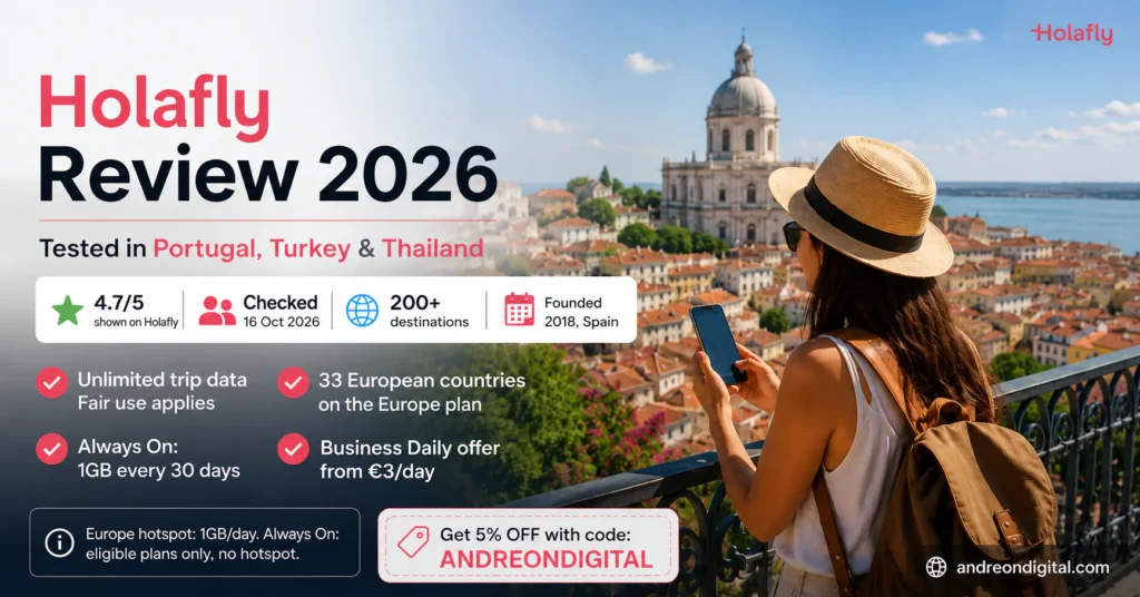 Holafly Review 2026 with current Europe coverage, hotspot allowance and business price, checked 16 October 2026.